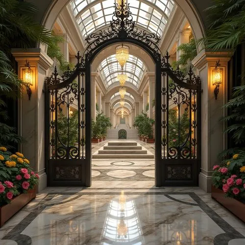 conservatory,cochere,archways,entranceways,winter garden,archly,rosecliff,neoclassical,wintergarden,enfilade,walkway,entryway,atriums,corridors,breezeway,hallway,marble palace,gaylord palms hotel,entranceway,palm house,Photography,General,Realistic