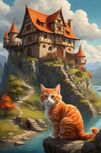 orange tabby cat,kinkade,orange tabby,fantasy picture,cathala,mmogs,kadyr,red tabby,fantasy landscape,butka,mountain settlement,ginger cat,kittani,cat european,townsmen,catterson,kittelsen,tabnak,world digital painting,ghibli,Photography,General,Cinematic