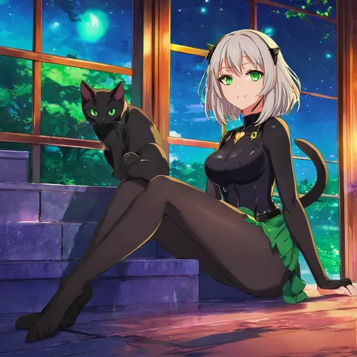 wiz,black cat,panther,uruburu,canis panther,meteora,halloween black cat,piko,domestic short-haired cat,kado,nyan,katz,cayenne,erika,emerald,fran,oz,pet black,stray cat,sitting,Illustration,Japanese style,Japanese Style 03