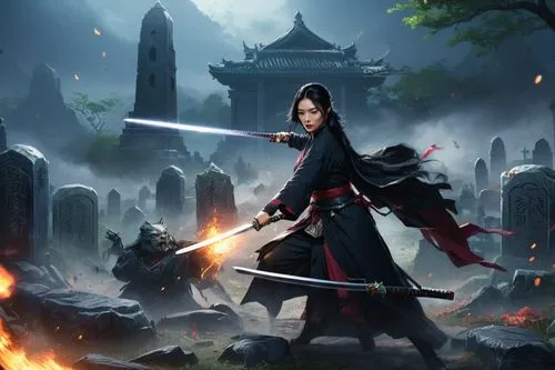 Dynamic action scene in a modern graveyard. A beautiful tall young asian woman with straight black hair and fancy court robes holds a katana and is blocking an attack from an ancient male lich with a 