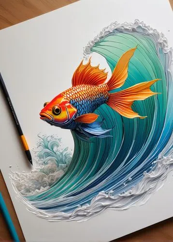 3d art,koi fish,pencil art,fish in water,goldfish,fish pen,Conceptual Art,Daily,Daily 01