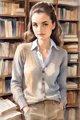 WOMAN MODEL, FASHION LIFESTYLE, 1970s,a woman in a liry posing for the camera,librarian,secretarial,headmistress,bibliographer,bibliophile,bookworm,Digital Art,Watercolor