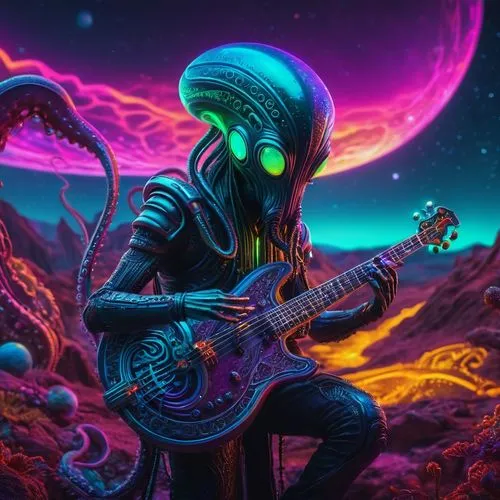 guitar player,guitar solo,extraterrestrial,musician,neon ghosts,electric guitar,guitarist,alien warrior,psychedelic art,guitar,alien planet,cuthulu,concert guitar,guitar head,calamari,alien world,alien,astral traveler,spaceman,acid,Photography,General,Fantasy