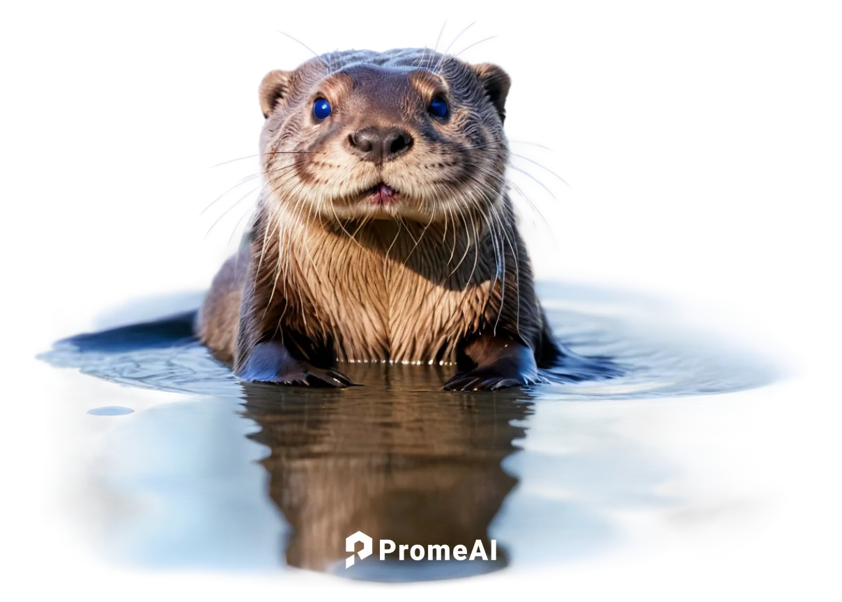 otter, cute, aquatic mammal, soft fur, whiskers, shiny eyes, swimming pose, webbed feet, water droplets, morning light, 3/4 composition, shallow depth of field, warm color tone, cinematic lighting.,no