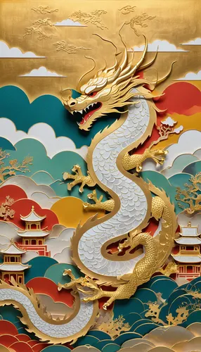 paper cuts dragon, gold thin line, Chinese painting, meticulous painting, oriental minimalism, poetic, Sichuan, China, close-up, gradient, golden buildings, ,golden dragon,oriental painting,hall of su