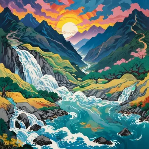 mountain stream,mountain river,river landscape,mountain landscape,timpanogos,haifoss,mountainous landscape,cascades,frafjord,alpine landscape,mountain scene,waterfalls,fjord landscape,waterfall,mountain spring,rapids,taroko,brienz,fjords,mountain valleys,Illustration,Japanese style,Japanese Style 06