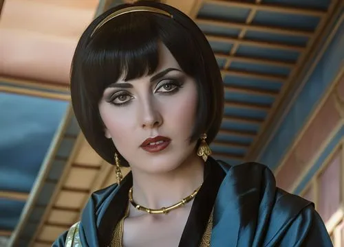 ancient priestess with bangs and short black hair dressed in expensive ancient tunique with jewelry in ancient temple,a woman wearing a black dress with gold jewelry,phryne,cleopatra,dita,buccellati,z