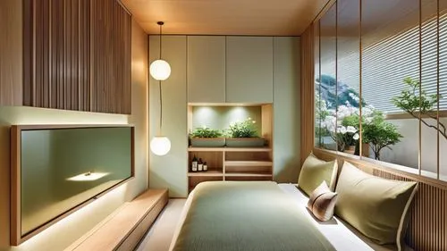 This design shows the spring Japanese style hot spring hotel that combines Japanese style with Puli culture. It uses white oak and milk tea colors, combined with soft green, making the overall space f