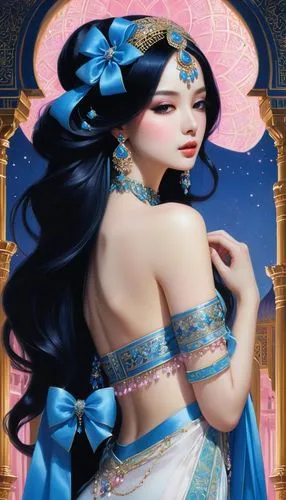 oriental princess,jasmine blue,blue enchantress,oriental girl,diaochan,fantasy art,Illustration,Realistic Fantasy,Realistic Fantasy 08