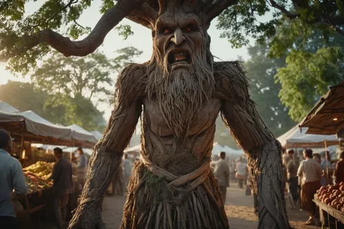 angry ancient huge wooden ent walking at vegatables market among people at dawn,tree man,groot,wooden man,wood elf,groot super hero,forest man,wooden figure,wooden figures,chainsaw carving,wooden mann