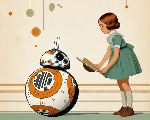 bb8-droid,bb-8,bb8,droid,droids,princess leia,r2d2,r2-d2,vintage illustration,vintage boy and girl,sci fiction illustration,retro girl,adobe illustrator,vintage girl,star wars,starwars,cg artwork,vintage art,vintage drawing,vintage children,Illustration,Retro,Retro 15