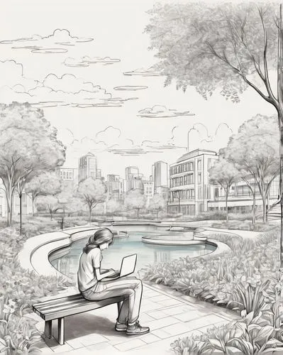 sketchup,man on a bench,storyboard,illustrating,urban park,penciling,coloring page,renderings,landscape plan,underdrawing,unbuilt,pencilling,reston,waterplace,shirlington,fountainhead,storyboarding,reflecting pool,greenspaces,park bench,Illustration,Black and White,Black and White 05