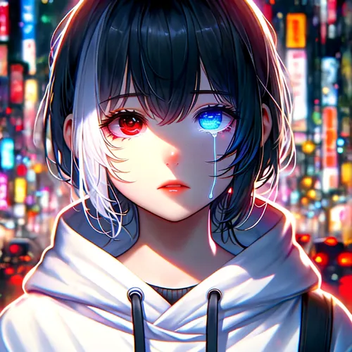 rei ayanami,persona,piko,red eyes,nico,neon light,heterochromia,anime girl,neon lights,anime 3d,colorful background,shibuya,luminous,cyber,red blue wallpaper,hatsune miku,cyan,vivid,would a background