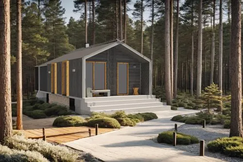 pine forest, afternoon, a path of wooden slats extending from the house, lighting with landscape lamps,a small wooden building sitting in the middle of a forest,small cabin,inverted cottage,house in t