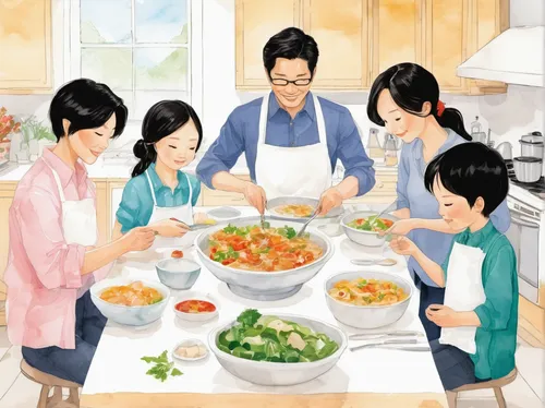 Write a heartwarming story about a family coming together to prepare a special meal for a loved one.,korean royal court cuisine,food preparation,food and cooking,cooking book cover,cooking vegetables,