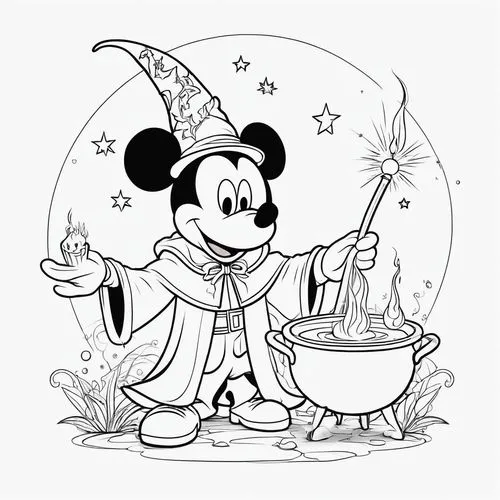 A black-and-white coloring page featuring a cartoon character Mickey Mouse dressed as a whimsical wizard with a pointy hat and cape, holding a wand over a bubbling cauldron. The environment includes c