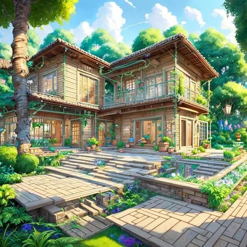 투명한느낌의 수묵화처럼 표현 
촉촉한 아침이슬
부자집동네
,a house surrounded by a lush green park,summer cottage,wooden house,forest house,beautiful home,holiday villa,dreamhouse,Common,Common,Cartoon