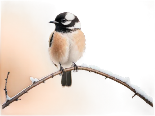 Small snowbird, perched on branch, white feathers, bright black eyes, tiny beak, delicate legs, frosty atmosphere, morning mist, soft winter lighting, 3/4 composition, shallow depth of field, warm col