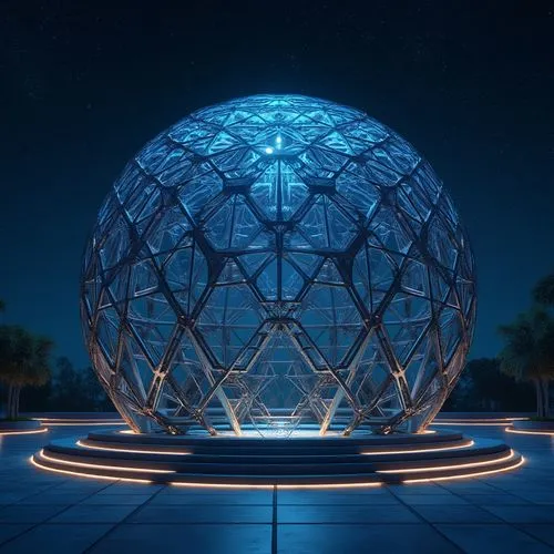 Geometric planetarium dome, futuristic architecture, metallic latticework, glowing LED lights, celestial body projections, immersive viewing experiences, minimalist interior design, sleek lines, circu