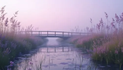 purple landscape,lavender fields,lavender field,lavender,viola bridge,lavenders,polders,meadow in pastel,wetland,wetlands,the lavender flower,pond,wooden bridge,lavendar,pale purple,lavender blush,marshlands,foggy landscape,marshes,pond flower,Photography,General,Realistic