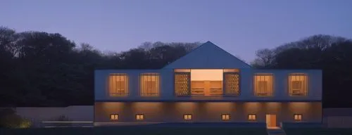 an empty modern house with open windows at dusk,cube house,passivhaus,cubic house,timber house,house shape,modern house,Art,Artistic Painting,Artistic Painting 48