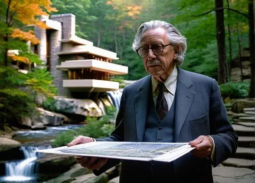 Frank Lloyd Wright, mature man, bespectacled, grey hair, beard, suit, tie, holding blueprints, standing, in front of Fallingwater, Pennsylvania, forest, trees, waterfall, natural light, warm color ton