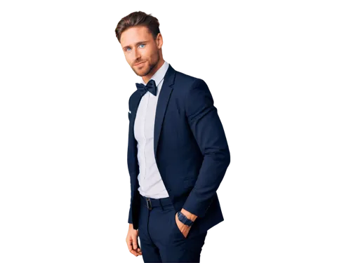 Handsome man, muscular build, strong jawline, piercing blue eyes, stylish hair, fashionable beard, white shirt, black tie, formal suit, standing pose, confident smile, 3/4 composition, softbox lightin