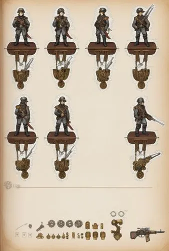 Miniature of steampunk soldier,a drawing showing several military figures and weapons,valvetrain,autocannons,steampunk gears,armoury,flintlocks,carronades,collected game assets,armaments,dakka,polearm