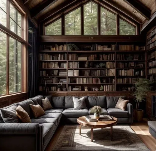 book wall,bookshelves,reading room,bookcase,bookshelf,wooden beams,the cabin in the mountains,living room,livingroom,log home,great room,sitting room,interior design,wood window,loft,cabin,wooden windows,beautiful home,interiors,log cabin