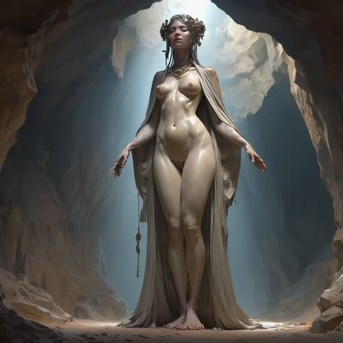 dryad,priestess,sorceress,sculpt,cybele,cave girl,the enchantress,light bearer,aphrodite,venus,the magdalene,fantasy art,digital painting,fantasy portrait,elven,petrification,artemisia,fantasy woman,mezzelune,decorative figure,Conceptual Art,Fantasy,Fantasy 01