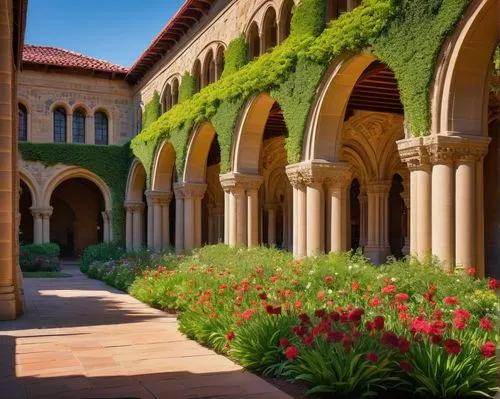 Stanford University, California, USA, beautiful campus architecture, historic sandstone buildings, Romanesque Revival style, intricate stone carvings, ornate facades, tall archways, red-tiled roofs, l