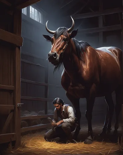 Compose a suspenseful scene about a milker encountering a mysterious creature in the barn.,livestock,ruminants,stable animals,working animal,oxen,game illustration,bull,man and horses,bullfight,bullfi