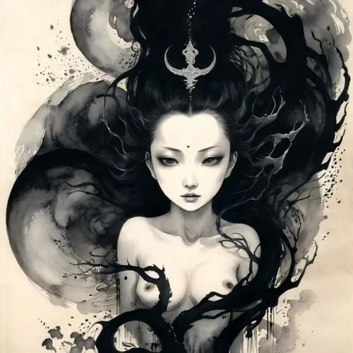 hecate,demoness,malefic,hekate,lilith,alecto,sirene,oiran,persephone,abaddon,gothic woman,viveros,edea,vampira,the enchantress,maleficent,aradia,siren,grimoire,arachne,Illustration,Paper based,Paper Based 30