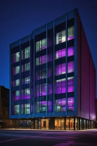 Cool, modern concrete building, sleek lines, minimalist aesthetic, large glass windows, steel frames, urban cityscape, night scene, neon lights reflecting off polished concrete, detailed texture, real