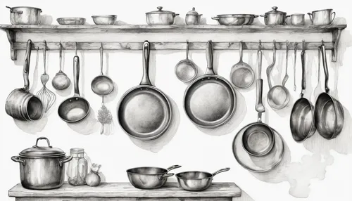 Create a poetic description of a rustic kitchen, with pans hanging on the walls like shimmering ornaments.,cookware and bakeware,kitchenware,kitchen tools,cooking utensils,pots and pans,kitchen utensi