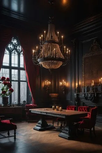 Dark, mysterious modern Gothic interior, grand chandelier, intricate stone walls, ornate black iron candelabras, lavish velvet drapes, luxurious dark wood furniture, eerie dim lighting, misty ambiance