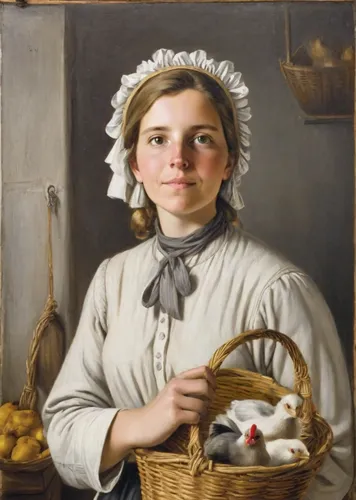 A picturesque portrait of a young blond peasant woman with gray eyes in the style of painting by Diego Velazquez. The woman is wearing a white Dutch headdress. In her hands she holds a basket with sma