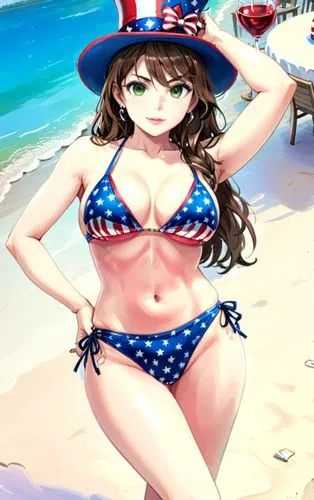 Lucero in American flag bikini and top hat,  4th of july party,a woman in a patriotic bikini posing at the beach,americaine,Anime,Anime,General