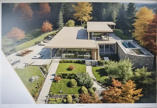 aerial view of a large, glass walled house,renderings,garden elevation,progestogen,3d rendering,hovnanian,architect plan,Photography,General,Realistic