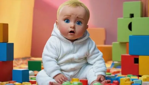 Stewie Griffin, baby face, blonde hair, big blue eyes, innocent expression, white onesie, baby legs, sitting, toy blocks, colorful background, soft focus, warm lighting, 3/4 composition, close-up shot