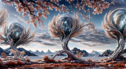 fantasy landscape,alien planet,fractals art,alien world,fractal environment,ice planet,mandelbulb,snow trees,larch trees,flying seeds,salt meadow landscape,virtual landscape,tree grove,fantasy picture,mushroom landscape,fractalius,fantasy art,fractal art,tree of life,argan trees