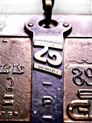 Serial number tag, close-up shot, metallic material, embossed font, numeric digits, horizontal composition, shallow depth of field, high-contrast lighting, detailed texture, industrial theme, product 