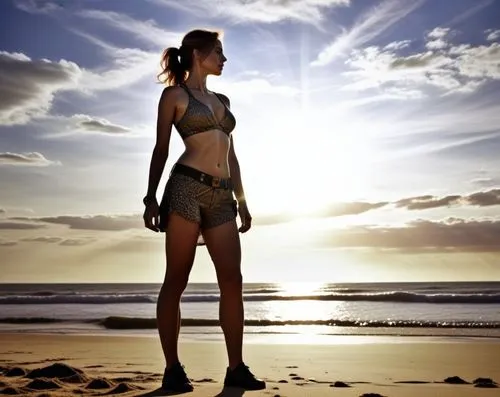 a girl stands on the beach wearing bikini and shoes,girl on the dune,surfwear,woman silhouette,amaranthe,wahine,beach background