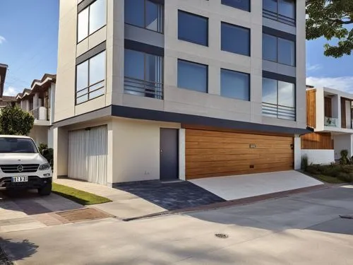 there is a large building with garages and cars parked outside,fresnaye,coorparoo,lutwyche,modern house,bundoora,drummoyne,Photography,General,Realistic