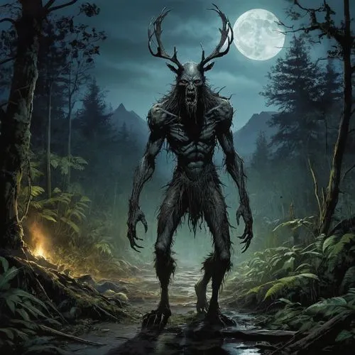 wendigo,cernunnos,skinwalker,herne,skyrim,fangorn,Illustration,Realistic Fantasy,Realistic Fantasy 06