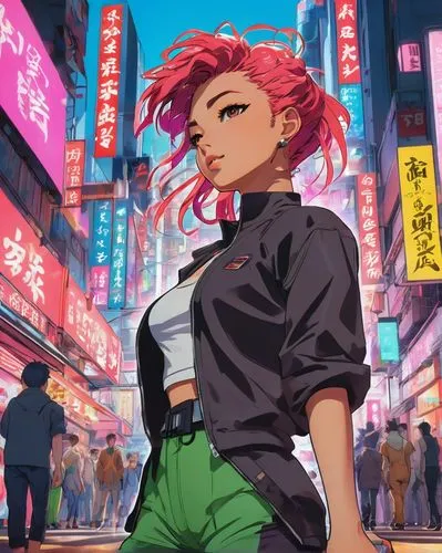 Akira, meme generator, Japanese style, bright colorful background, neon lights, futuristic cityscape, Tokyo streets, 3D anime-inspired art, bold lines, vibrant hair colors, exaggerated facial expressi