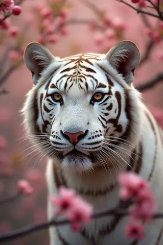 photorealistic, tiger portrait, pink flowers, apple tree, soft focus, bokeh, natural light, White tiger, amber eyes,there is a white tiger that looks like it has some pretty eyes,asian tiger,white tig