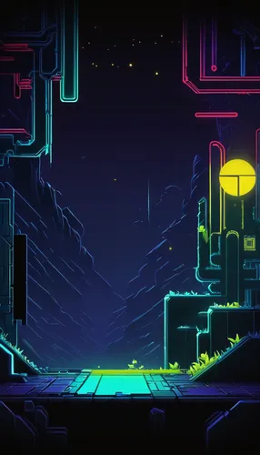 space port,futuristic landscape,chasm,retro background,dusk background,tileable,backgrounds,neon ghosts,pixel cells,alien world,cartoon video game background,pixel art,80's design,metropolis,neon arrows,game illustration,scifi,alien planet,dusk,game art,Illustration,Realistic Fantasy,Realistic Fantasy 11