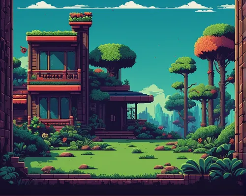 Develop a retro-style cartoon video game background inspired by the 8-bit era.,mushroom landscape,bird kingdom,bonsai,pixel art,treehouse,home landscape,retro styled,oasis,mushroom island,forests,lone