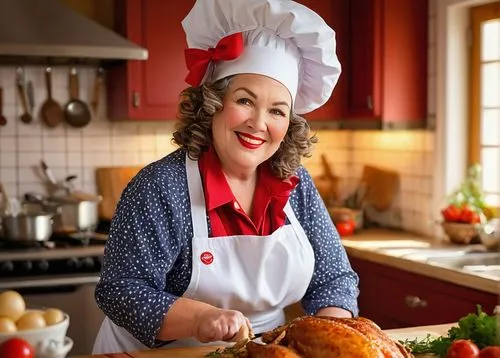 Plump mature lady, chef costume, white hat, curly brown hair, rosy cheeks, red lipstick, white apron, kitchen background, wooden table, utensils scattered, turkey or chicken on the table, warm lightin